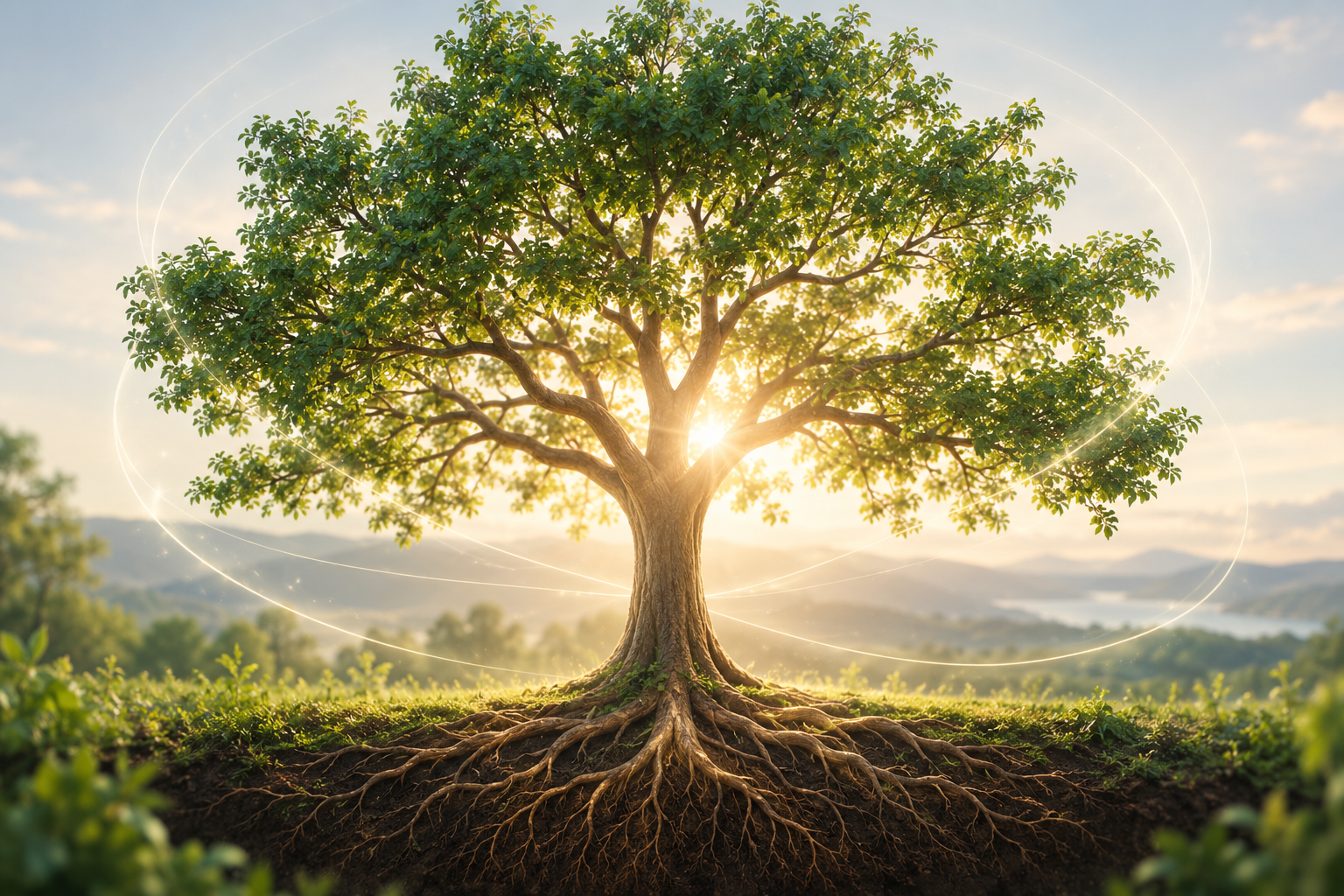 A thriving tree with deep roots surrounded by subtle energetic linework