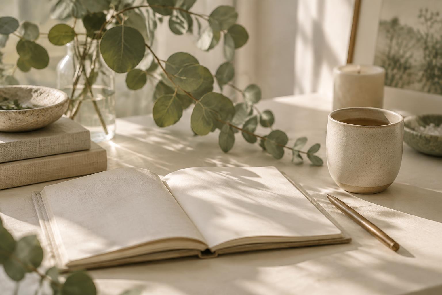 A calm wellness workspace with an open notebook, pen, and ceramic cup in soft morning light