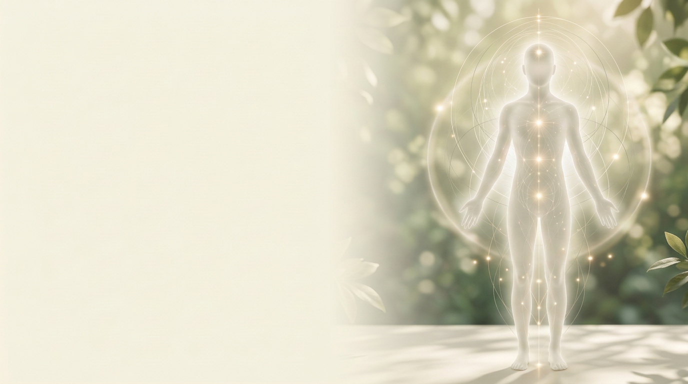 Gender-neutral human form surrounded by subtle energetic lines and fields