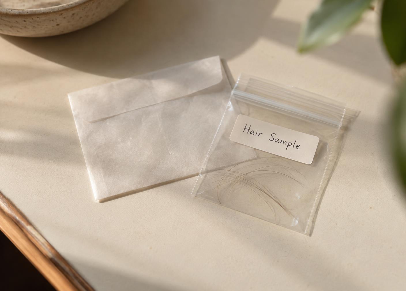 A small hair sample prepared in an envelope for remote assessment