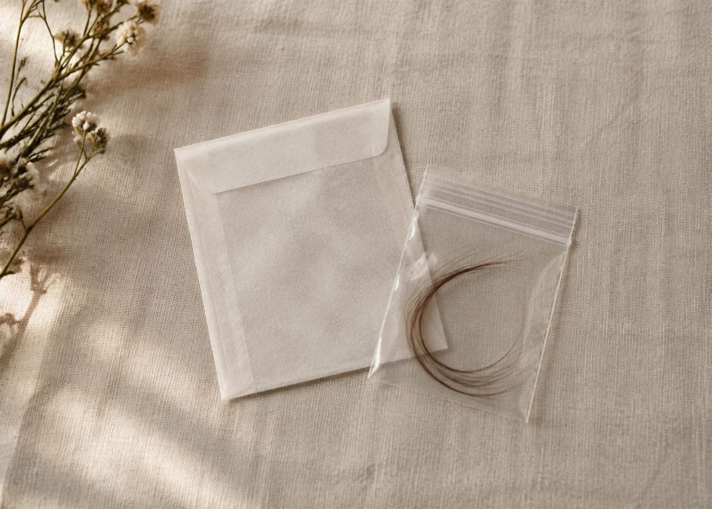 A small hair sample in a tiny zip-top bag and a glassine envelope resting on soft natural linen
